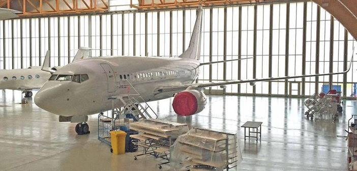 A Boeing aircraft during maintenance work in AMAC’s wide-body hangar three in Basel, Switzerland