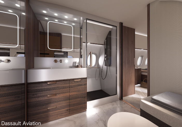 A large shower is available on the Falcon 10X