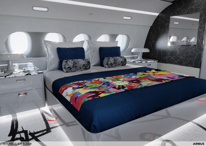 The bedroom in the ACJ TwoTwenty special cabin edition by Cyril Kongo