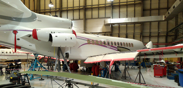 A Falcon 7X in for maintenance at ExecuJet MRO Services Middle East